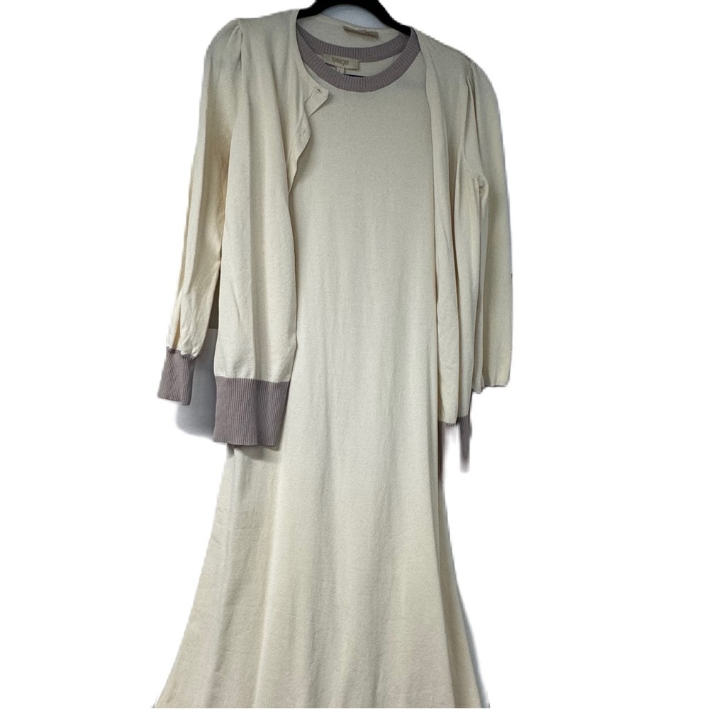 Beige Woman's L ivory and pink knit jumper cardigan set button down midi holiday